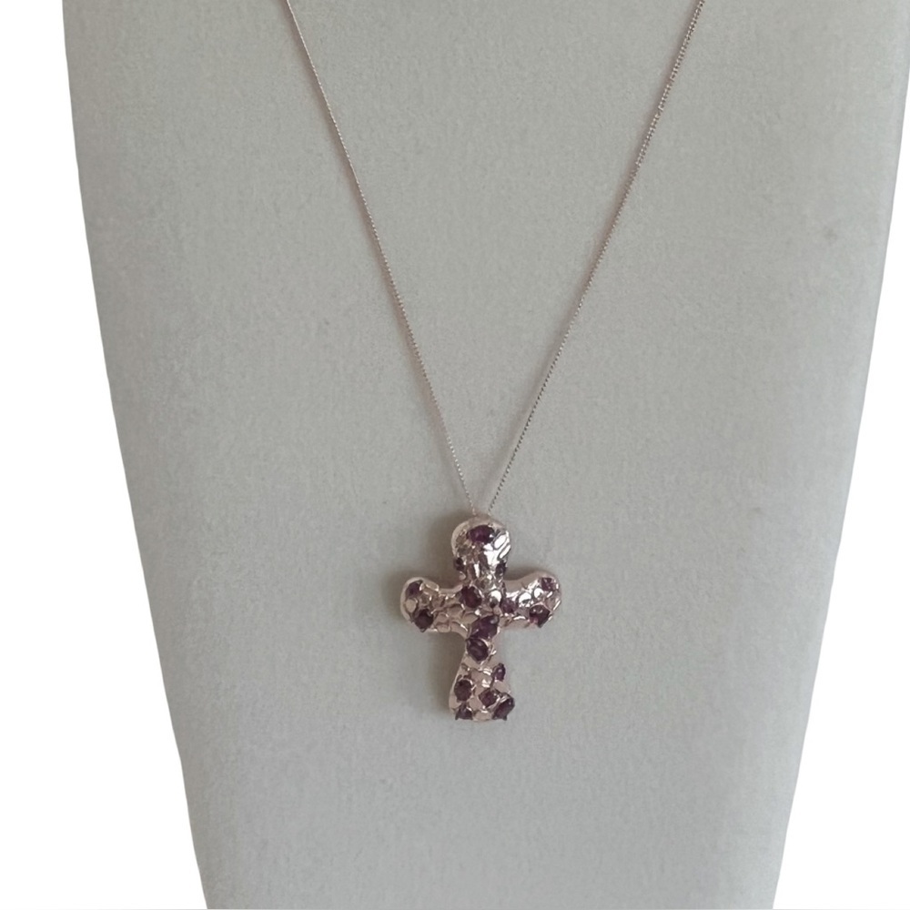 Sterling Silver Gold Tone Cross Pendant with Garnet Stone Necklace
